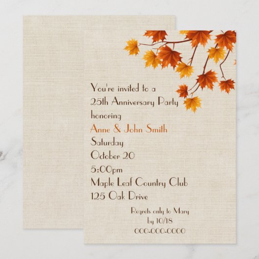 Invitation Fête des 25 ans de mariage Feuilles d'automne  (Devant / Derrière)