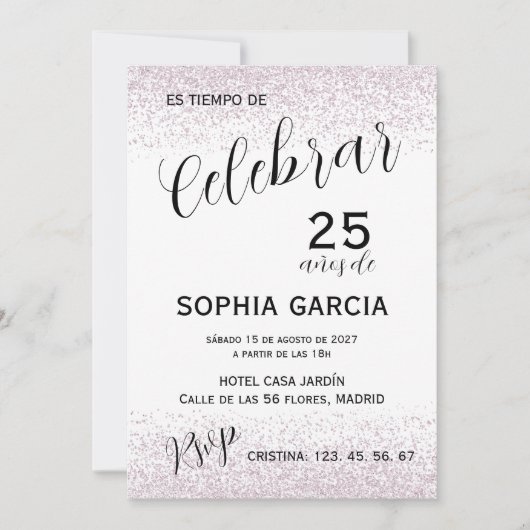 Invitation Fête des 25 Ans Pink Glitz Celebrar (Devant)