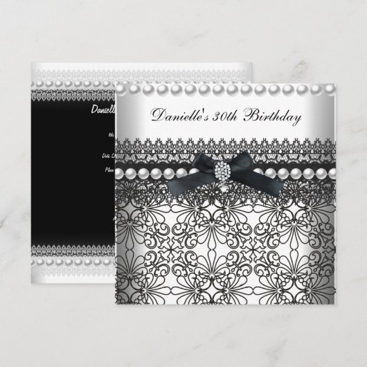 Invitation Fête des 30 ans Damask Noir Blanc Perle (Devant / Derrière)