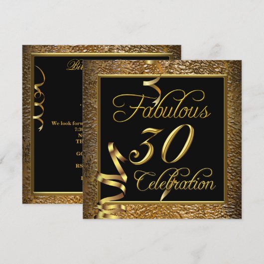 Invitation Fête des 30 ans fabuleuse Or et Noir (Devant / Derrière)