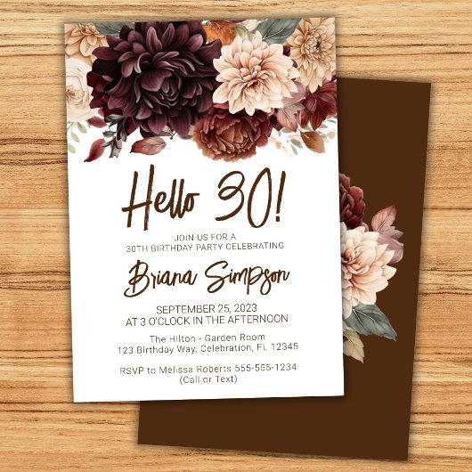 Invitation Fête des 30 ans Fleurs Marron Beige