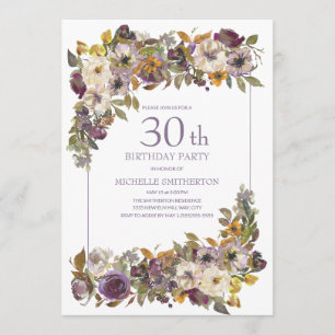 Invitation Fête des 30 ans Purple Yellow Ivory Floral Foliage