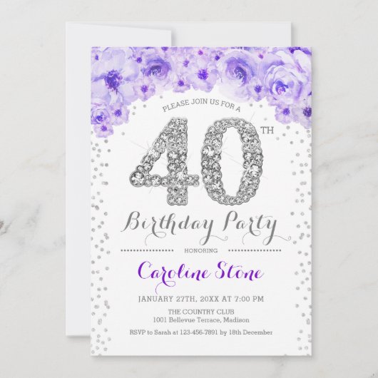 Invitation Fête des 40 ans - Blanc Argent Violet (Devant)