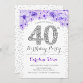 Invitation Fête des 40 ans - Blanc Argent Violet (Devant / Derrière)