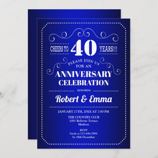 Invitation Fête des 40 ans de mariage - Bleu Saphir (Devant / Derrière)