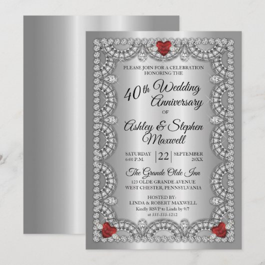 Invitation Fête des 40 ans de mariage de Rubis et Diamant (Devant / Derrière)