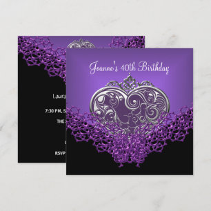 Invitation Fête des 40 ans Dentelle Noir Argent Violet Foncé
