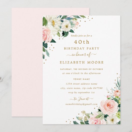 Invitation Fête des 40 ans Floral Blush Or (Devant / Derrière)