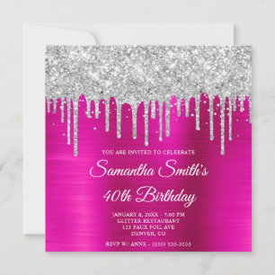 Invitation Fête des 40 ans paillettes argentées rose chaud
