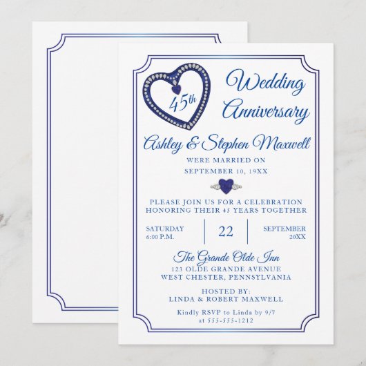 Invitation Fête des 45 ans de mariage Sapphires Diamonds (Devant / Derrière)