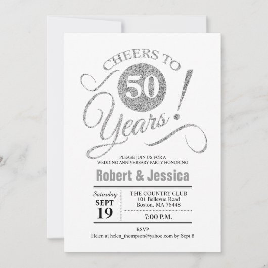 Invitation Fête des 50 ans de mariage - Argent Blanc (Devant)