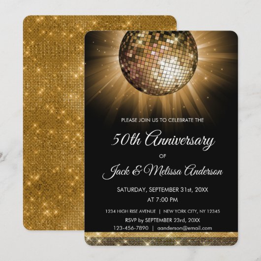 Invitation Fête des 50 ans de mariage Boule disco dorée (Devant / Derrière)