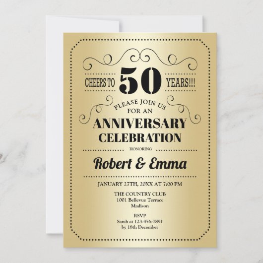 Invitation Fête des 50 ans de mariage - Or Noir (Devant)