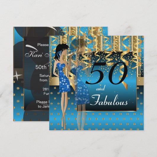 Invitation Fête des 50 ans | Fille | Thème Bleu et Or (Devant / Derrière)