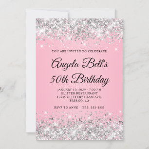 Invitation Fête des 50 ans Monogramme Fantaisie Rose Paillett