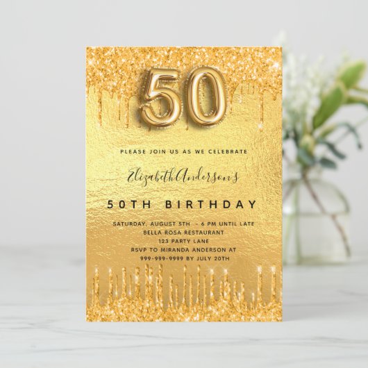 Invitation fête des 50 ans paillettes dorées qui coulent (Debout devant)