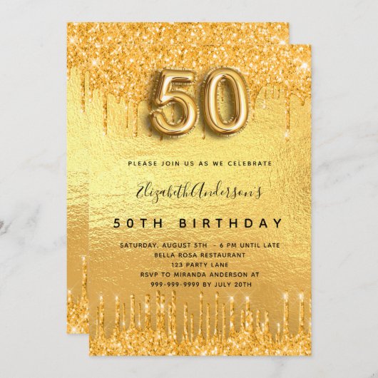 Invitation fête des 50 ans paillettes dorées qui coulent (Devant / Derrière)