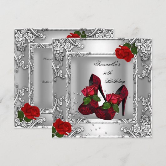 Invitation Fête des 50 ans Rose Rouge Argent (Devant / Derrière)