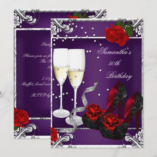 Invitation Fête des 50 ans Rose Rouge Violet Argent (Devant / Derrière)