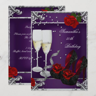 Invitation Fête des 50 ans Rose Rouge Violet Argent