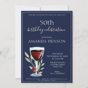 Invitation Fête des 50 ans Rouge Vin Bleu Marine