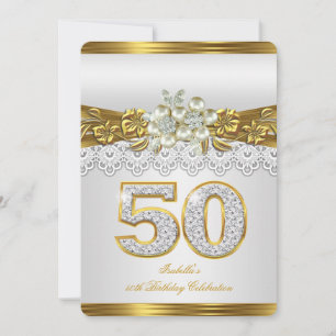 Invitation Fête des 50 ans White Pearl Gold Lace Floral