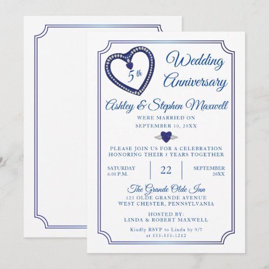 Invitation Fête des 5 ans de mariage Sapphires Diamonds (Devant / Derrière)