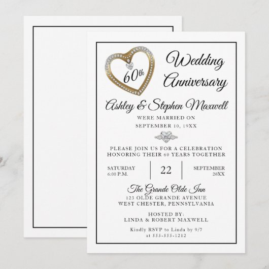 Invitation Fête des 60 ans de mariage de Heart Diamonds (Devant / Derrière)