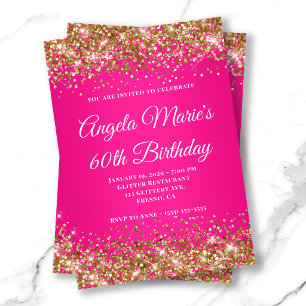 Invitation Fête des 60 ans pailleté or rose vif Monogramme él