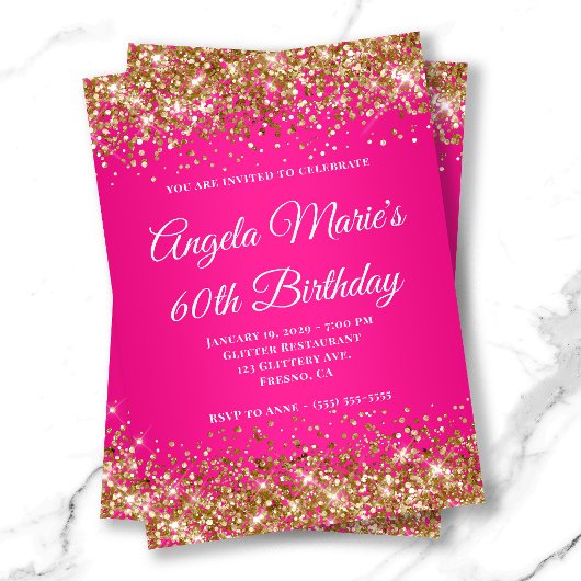 Invitation Fête des 60 ans pailleté or rose vif Monogramme él