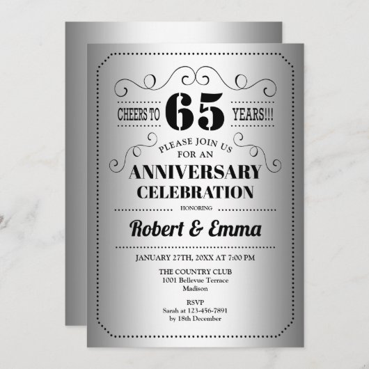 Invitation Fête des 65 ans de mariage - Argent Noir (Devant / Derrière)