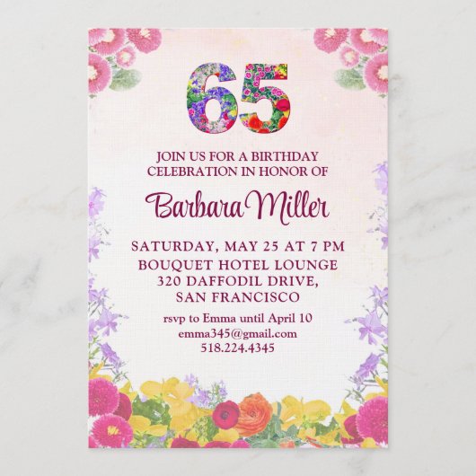Invitation Fête des 65 ans - Floral Blush Bloom 65 (Devant)