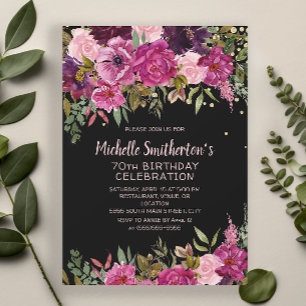 Invitation Fête des 70 ans Black Pink Purple Floral Glitter