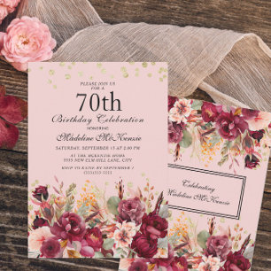 Invitation Fête des 70 ans Burgundy Fleur Rose Paillettes Dor