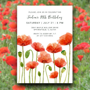 Invitation Fête des 70 ans Coquelicots Aquarelle Élégant