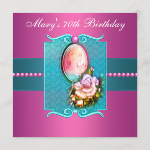 Invitation Fête des 70 ans d'une femme Rose Cameo Rose Teal
