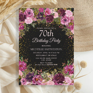 Invitation Fête des 70 ans Noir Paillettes Floral Rose Violet