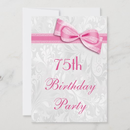 Invitation Fête des 75 ans damassé et nœud faux rose (Devant)