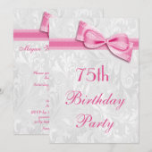Invitation Fête des 75 ans damassé et nœud faux rose (Devant / Derrière)