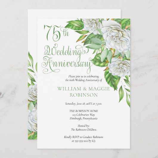 Invitation Fête des 75 ans de mariage aux roses blanches (Devant / Derrière)