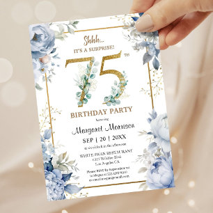 Invitation Fête des 75 ans Élégante Fleurie Bleu Poussiéreux