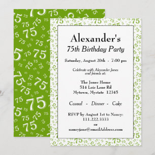 Invitation Fête des 75 ans Motif de nombres vert et blanc