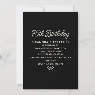 Invitation Fête des 75 ans Noir Blanc Perle Écriture Ruban
