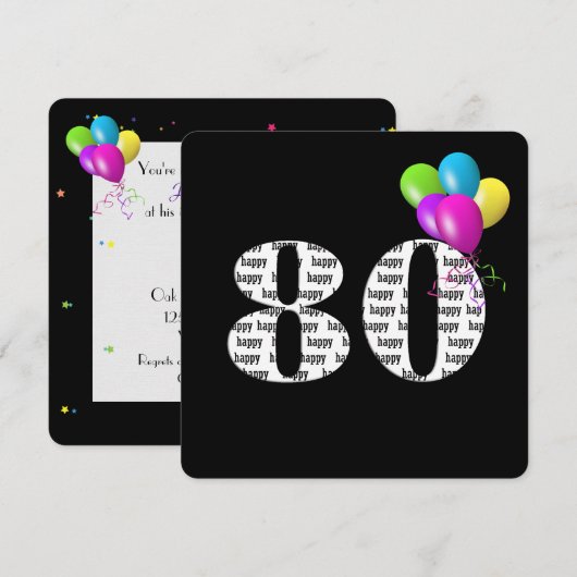 Invitation Fête des 80 ans avec bouquet de ballons (Devant / Derrière)