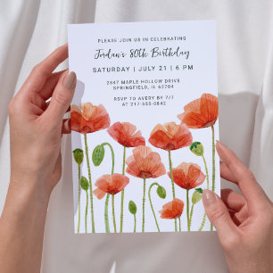 Invitation Fête des 80 ans Coquelicots Aquarelle Élégant