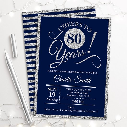 Invitation Fête des 80 ans - TOUT ÂGE Navy Argent