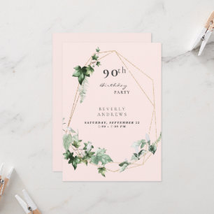 Invitation Fête des 90 ans Élégant Feuillage Champagne Rose