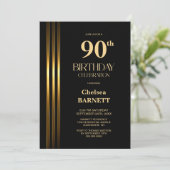 Invitation Fête des 90 ans Noir avec Rayures Dorées (Debout devant)