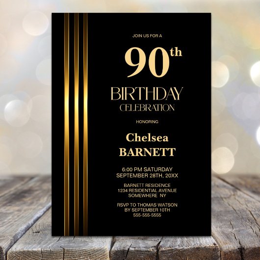 Invitation Fête des 90 ans Noir avec Rayures Dorées