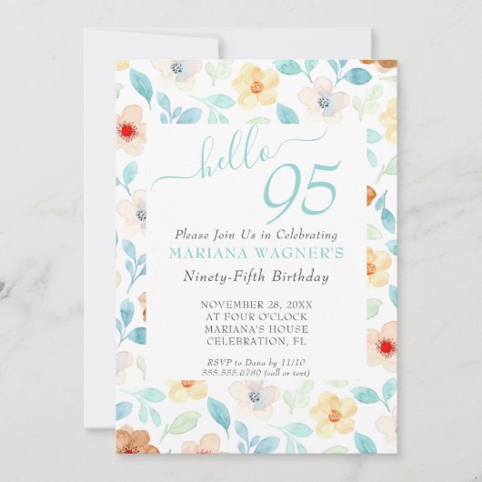 Invitation Fête des 95 ans écriture élégante florale sarcelle (Devant)